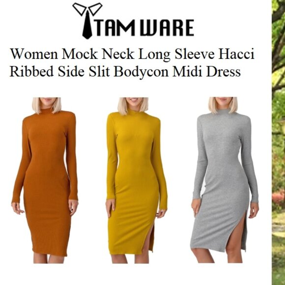 NWT Mock Neck Long Sleeve Hacci Ribbed Side Slit Bodycon Midi Dress Small - Picture 2 of 4